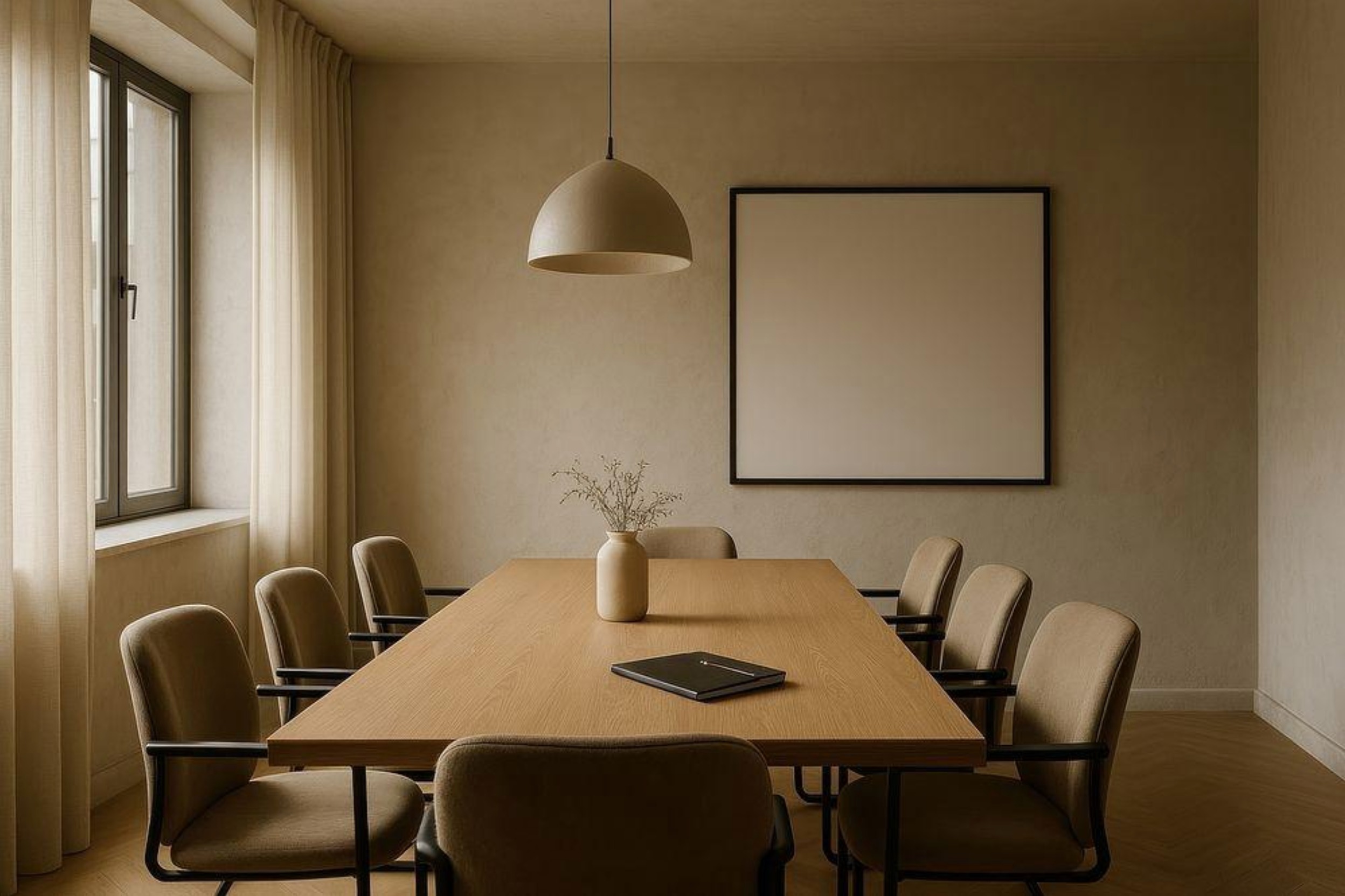 A serene minimalist boardroom with an oak table and warm natural light
