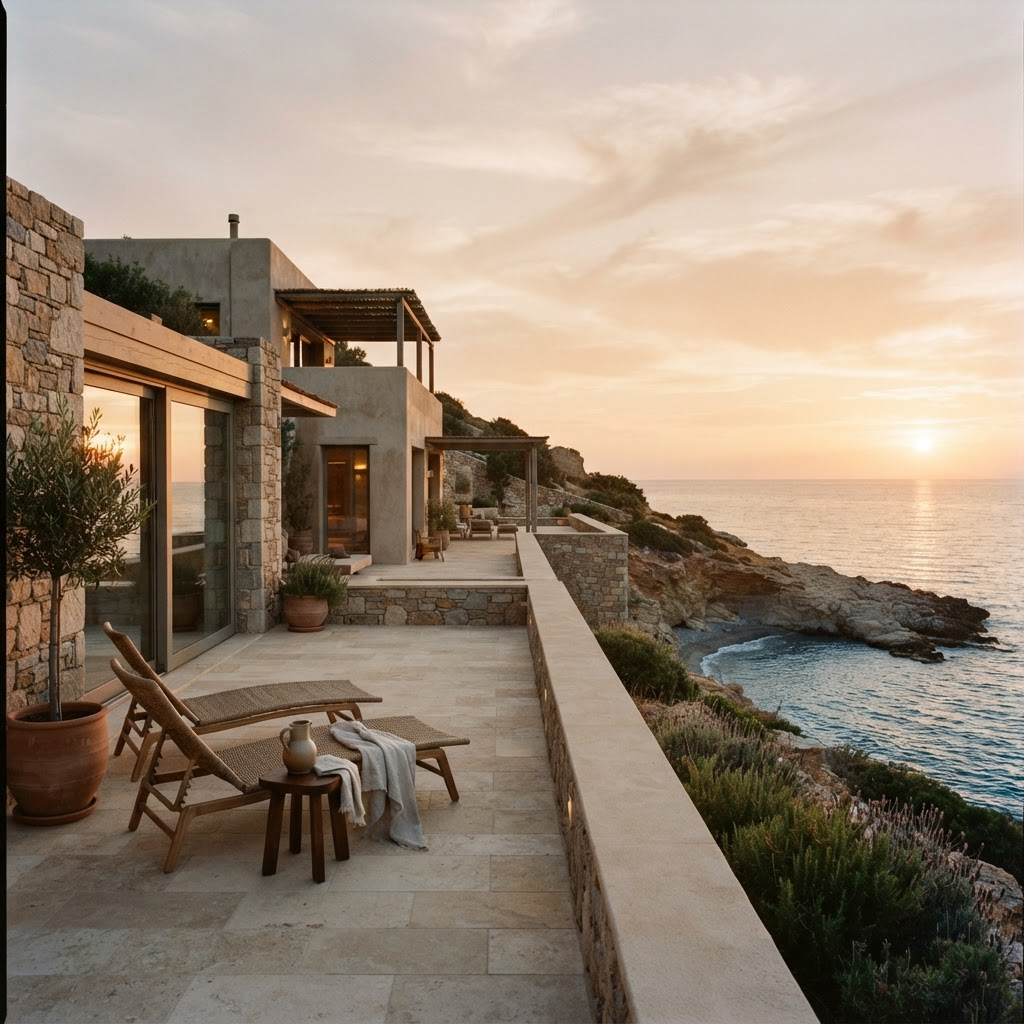 Minimalist coastal architecture at golden hour