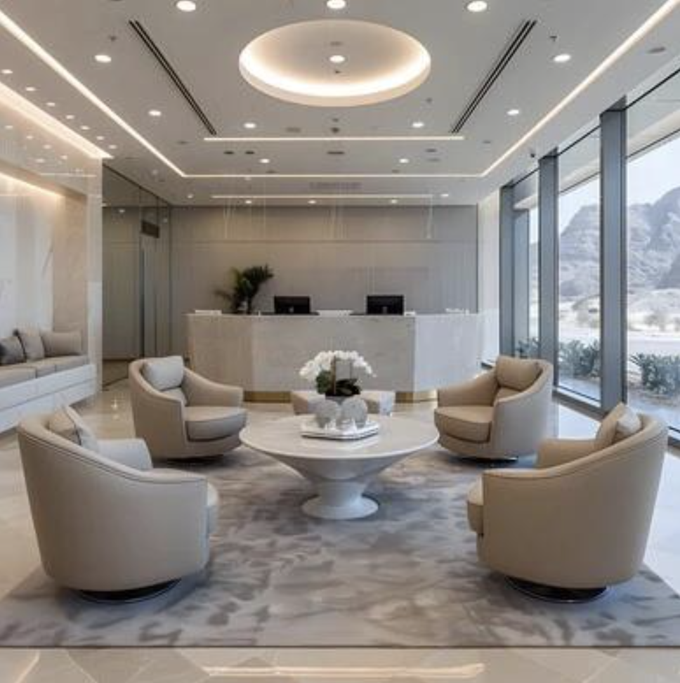 A refined meeting lounge with cream leather seating and floor-to-ceiling windows