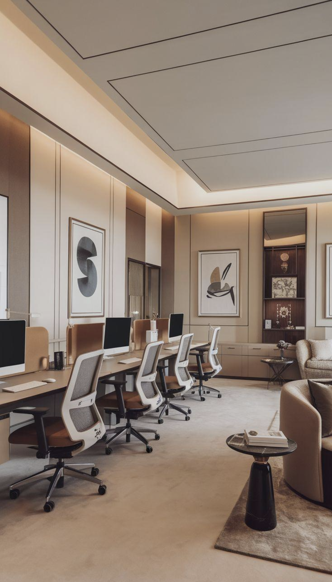 A luxury executive workspace with tailored desks and framed editorial art